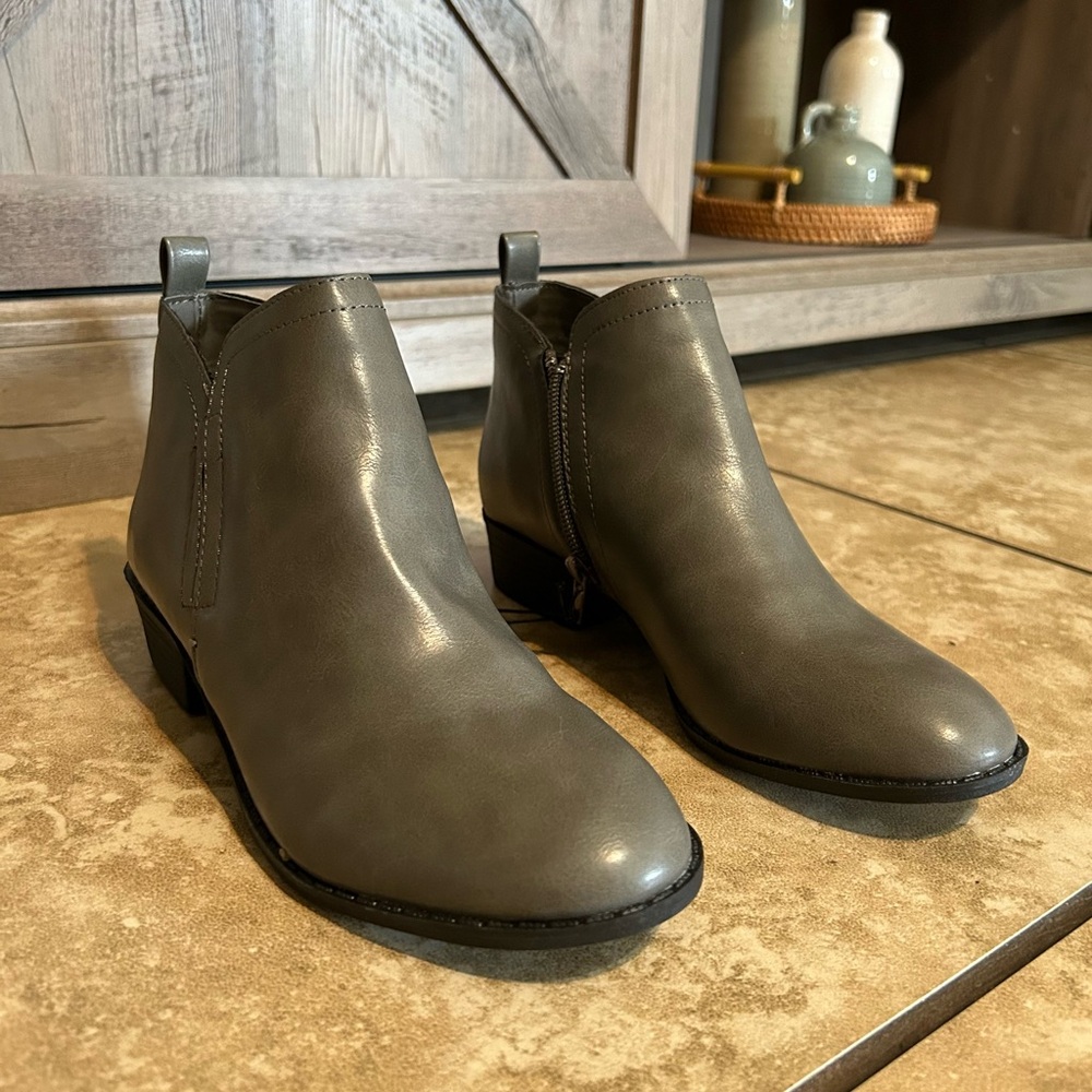 Grey Leather Ankle Booties